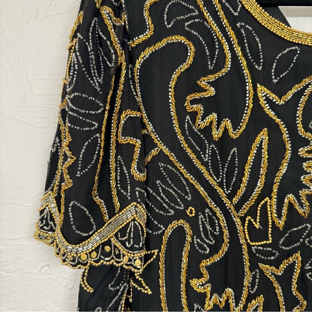 Vintage Black Silk Fully Beaded Formal Blouse Womens 2X Gold & Silver Glam - Picture 4 of 12